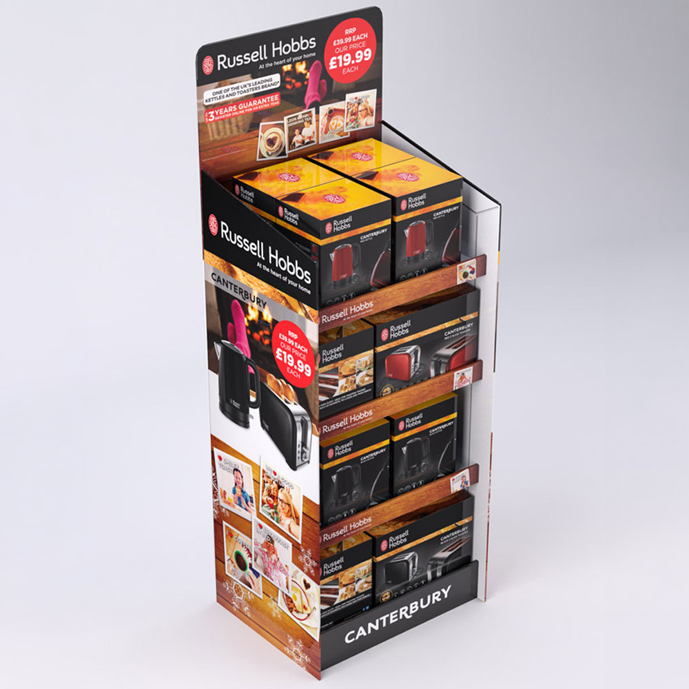 3D visual of a Russell Hobbs Canterbury kettle and toaster floor-standing display