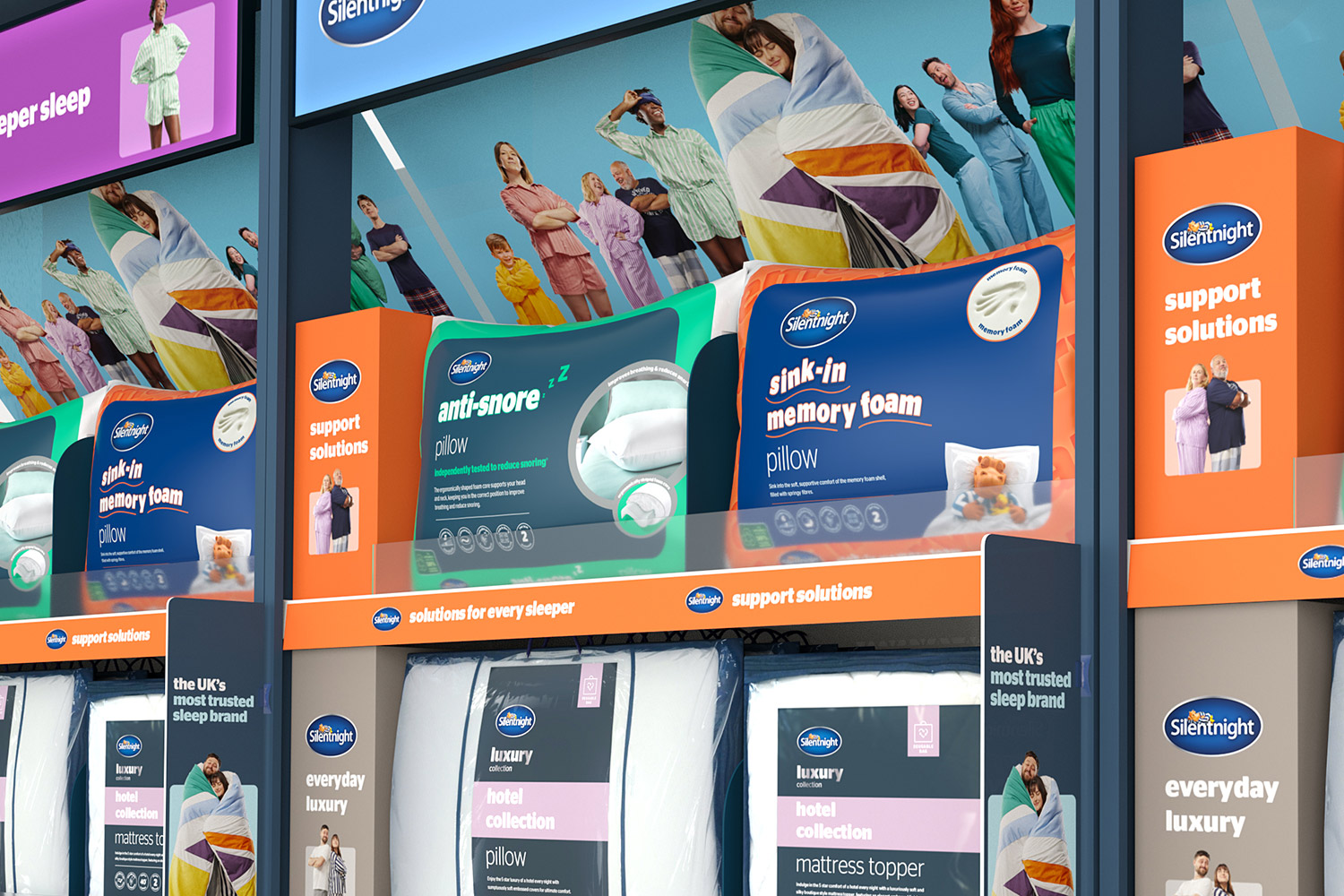 3D visual of a Silentnight support solutions pillow and duvet display with lifestyle graphics