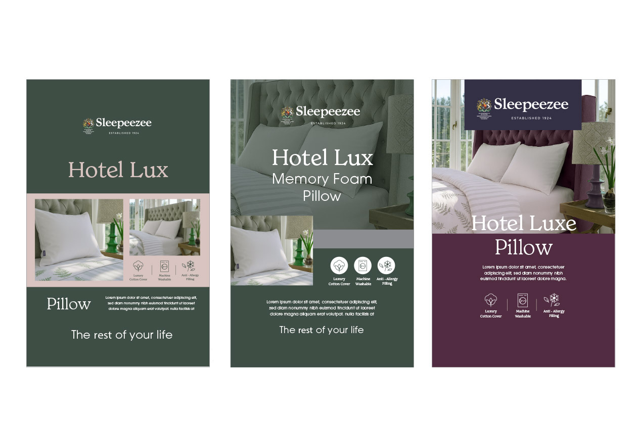 Sleepeezee Hotel Lux Pillow packaging concept layouts, three colour and composition variants