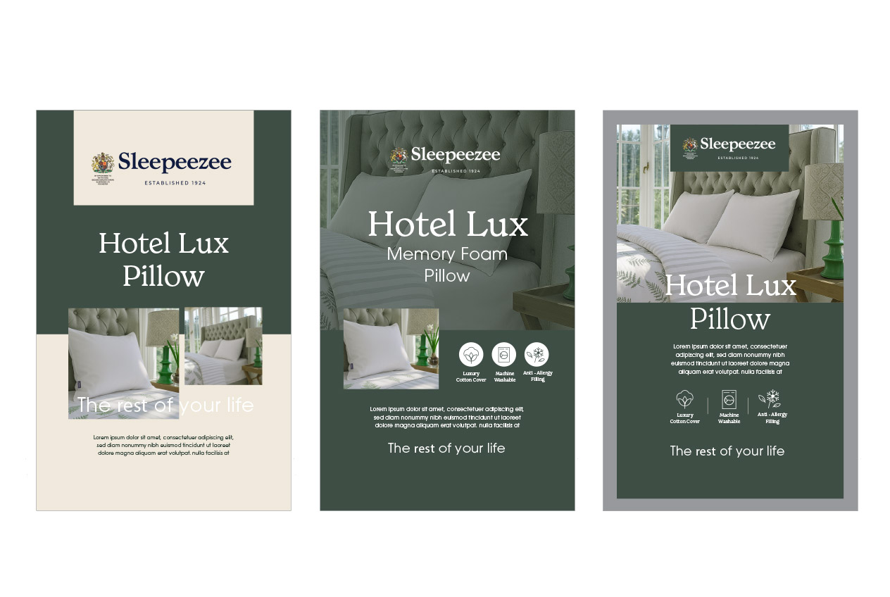 Sleepeezee Hotel Lux Pillow packaging concept layouts, three further colour and composition variants