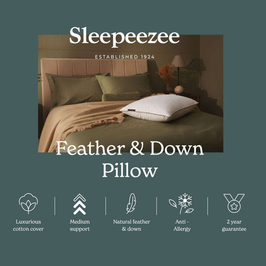 Sleepeezee Feather & Down Pillow hero graphic with brand logo and feature icon row