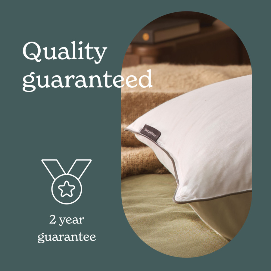 Sleepeezee pillow close-up in an arched frame with Quality guaranteed and 2 year guarantee graphic