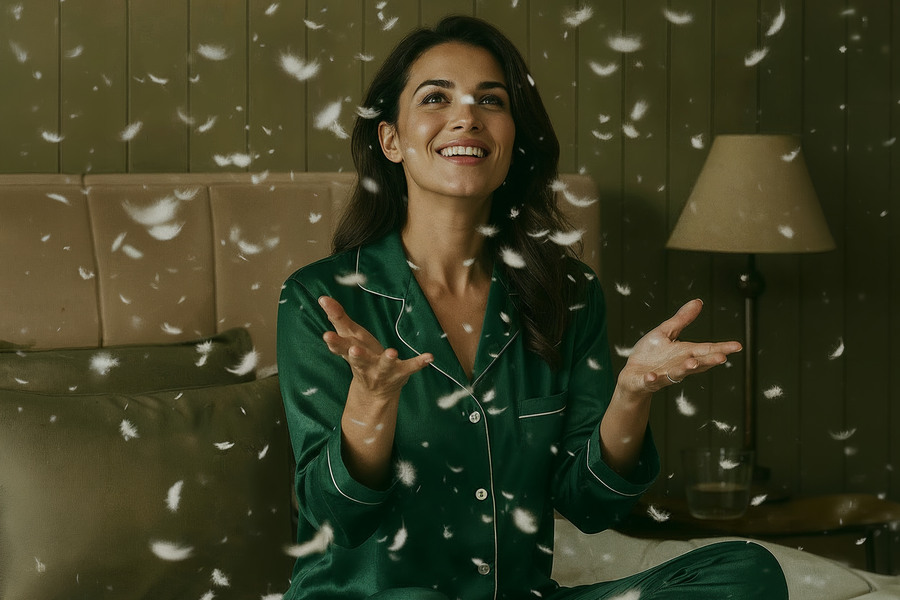 Woman smiling among falling feathers, in green pyjamas on a Sleepeezee-dressed bed