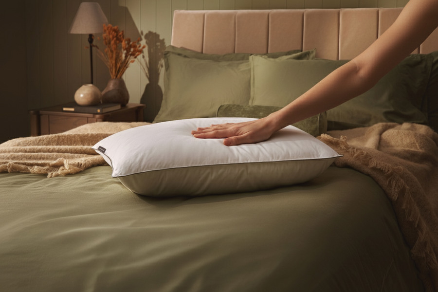 Hand pressing down on a Sleepeezee pillow to show its softness
