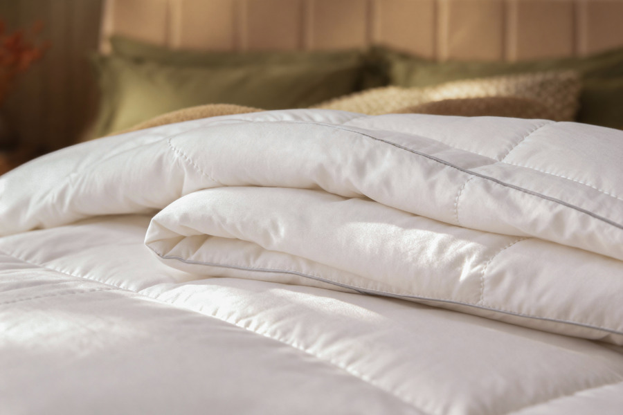 Close-up of a rolled Sleepeezee duvet showing its grey piping detail