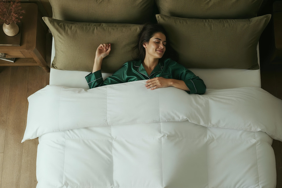 Woman resting in bed under a Sleepeezee duvet, shot from above